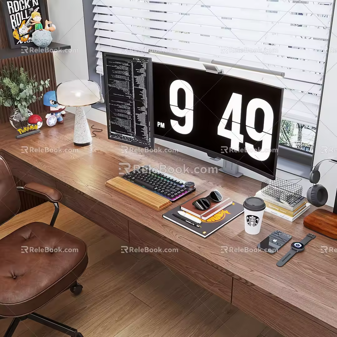 Modern computer desk computer chair computer mobile phone headset hand desk lamp green plant 3d model