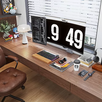 Modern computer desk computer chair computer mobile phone headset hand desk lamp green plant 3d model
