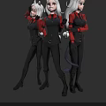 Three Fantasy Anime Characters With White Hair In Black Red Tight Fitting Outfits
