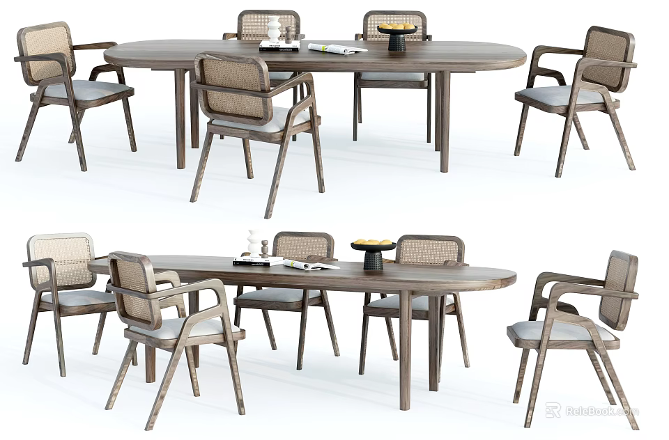 Modern Wooden Dining Table Set With Six Chairs And Simple Backrest Design 3d model 