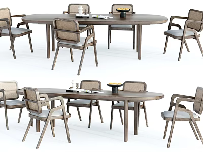 Modern Wooden Dining Table Set With Six Chairs And Simple Backrest Design 3d model