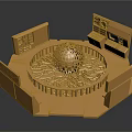 Golden Circular Display Platform With Spherical Centerpiece Ornate Carvings And Surrounding Cabinet Structures
