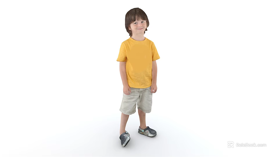 Young Man Standing In White Background Wearing Yellow T-Shirt And Khaki Shorts With Gray Shoes 3d model 