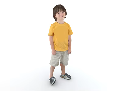 Young Man Standing In White Background Wearing Yellow T-Shirt And Khaki Shorts With Gray Shoes 3d model
