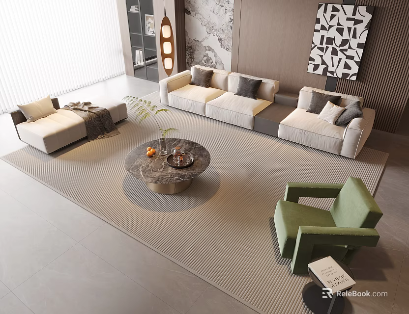 Modern Sofa Coffee Table Set With Beige Upholstery Gray Cushions Green Armchair And Marble Table 3d model 