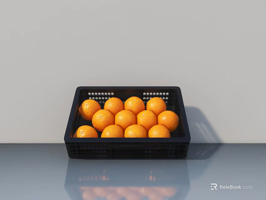 Black Display Shelf Filled with Fresh Oranges Neatly Arranged on Countertop 3d model 