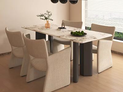 Modern Dining Table Set with Marble Top Six Fabric Chairs and Green Plant Decor 3d model