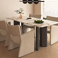 Modern Dining Table Set with Marble Top Six Fabric Chairs and Green Plant Decor