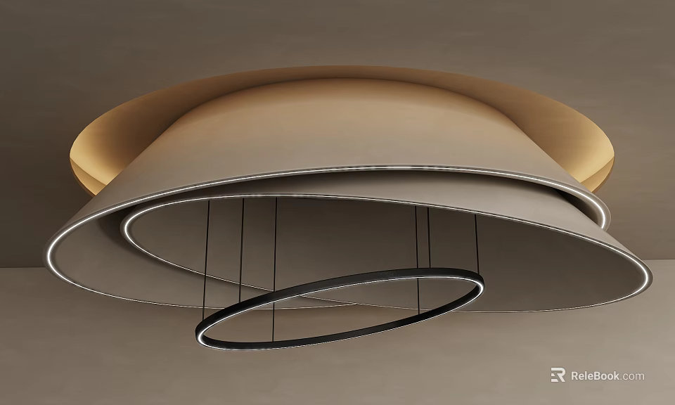Modern Ceiling Design With Curved Shapes Hanging Circular Rings And Metallic Frames 3d model 