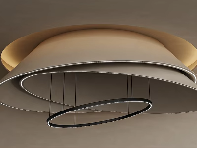 Modern Ceiling Design With Curved Shapes Hanging Circular Rings And Metallic Frames 3d model