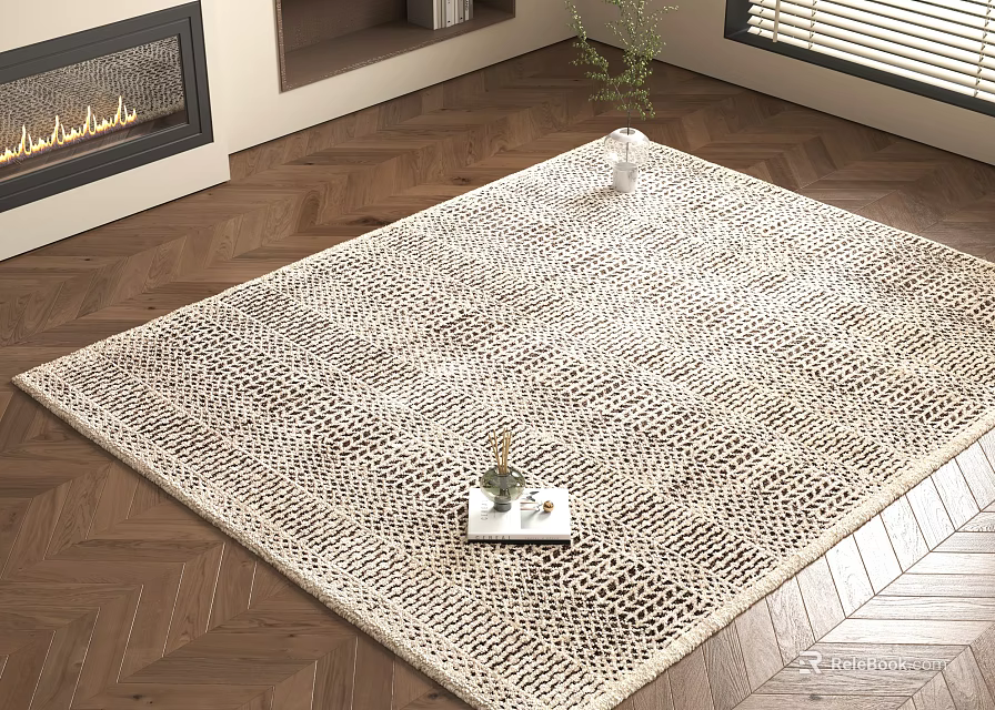 Woven Square Rug on Herringbone Wooden Floor with Fireplace and Window Blinds 3d model 