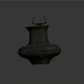 Ancient Bronze Sculpture Vessel With Curved Handle And Intricate Carved Patterns