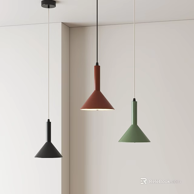 Stylish Cone Shaped Pendant Lights Black Red Green Hanging Against White Wall Background 3d model 