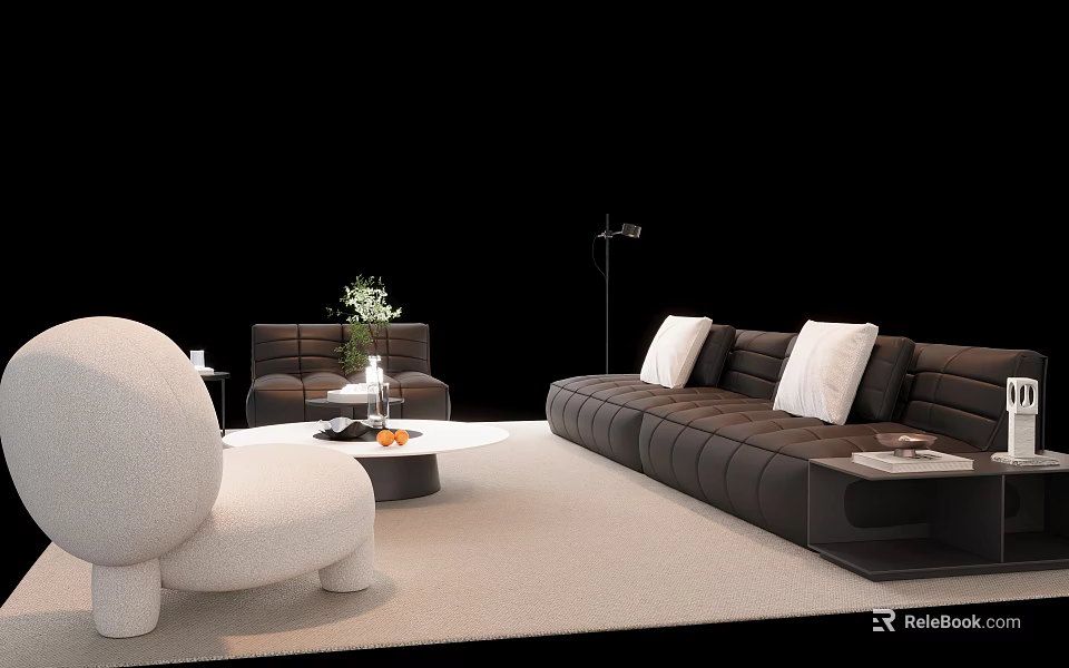 Modern Dark Sofa and Coffee Table Set with White Accent Chair Decorative Vase and Light Carpet 3d model 