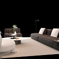 Modern Dark Sofa and Coffee Table Set with White Accent Chair Decorative Vase and Light Carpet