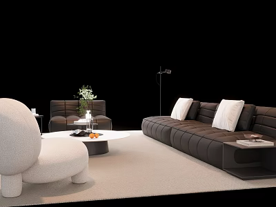 Modern Dark Sofa and Coffee Table Set with White Accent Chair Decorative Vase and Light Carpet 3d model
