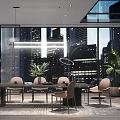 Modern Dining Table Set With Chairs Pendant Lights Green Plants By Large Windows City View