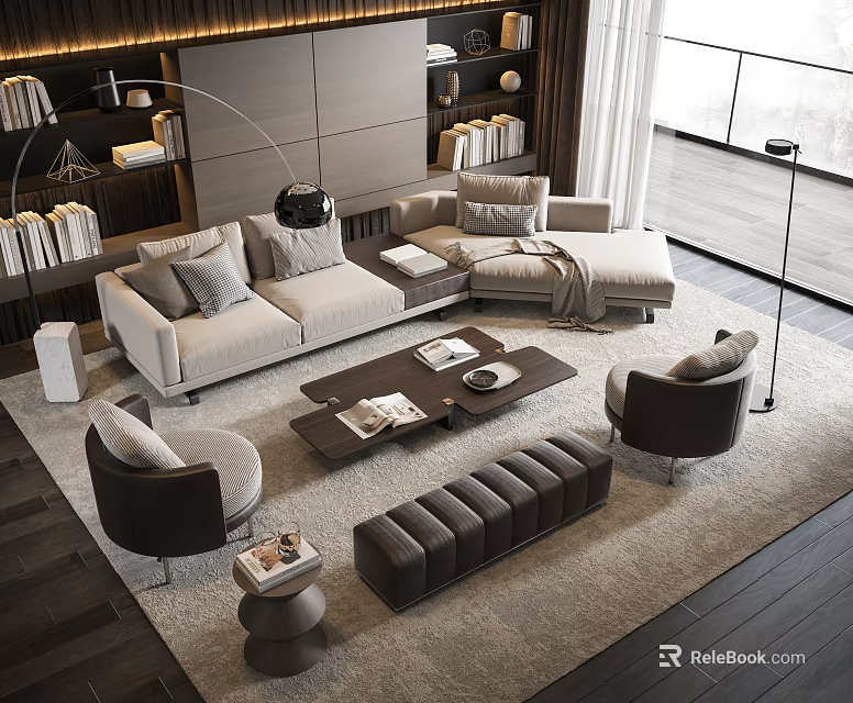 Modern Living Room Sofa and Coffee Table Set with Armchairs Area Rug and Natural Light 3d model 