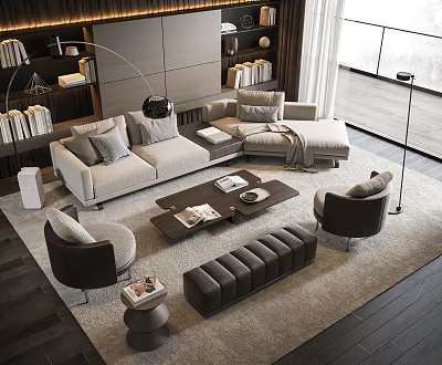 Modern Living Room Sofa and Coffee Table Set with Armchairs Area Rug and Natural Light 3d model