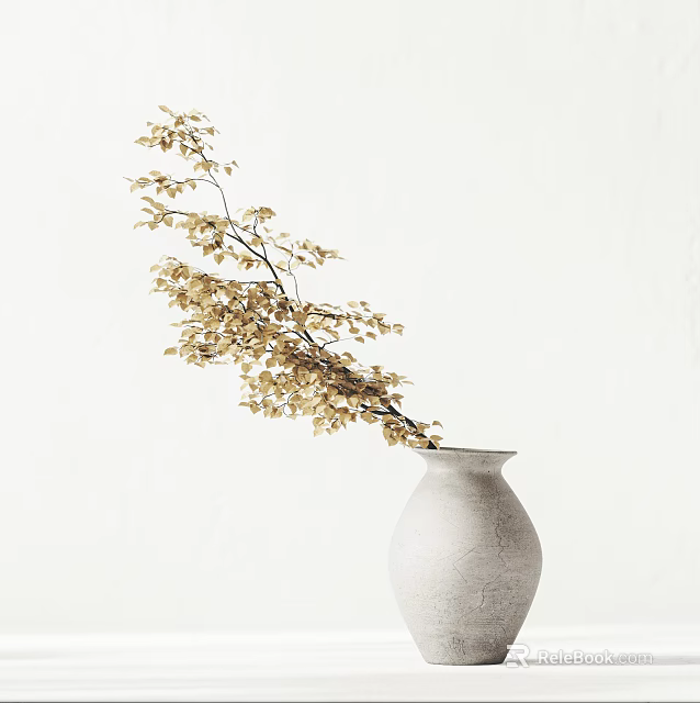 White Ceramic Vase With Golden Leaf Branches On Minimalist White Background 3d model