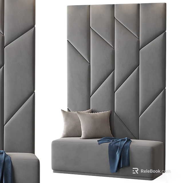 Modern Gray Sofa Bench With Soft Pillows And Blue Blanket Against Geometric Pattern Wall 3d model