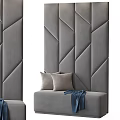 Modern Gray Sofa Bench With Soft Pillows And Blue Blanket Against Geometric Pattern Wall 3d model