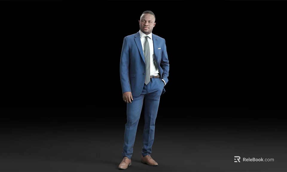 Man Standing in Blue Suit White Shirt and Tie with Brown Shoes on Black Background 3d model 