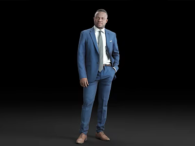 Man Standing in Blue Suit White Shirt and Tie with Brown Shoes on Black Background 3d model