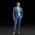 Man Standing in Blue Suit White Shirt and Tie with Brown Shoes on Black Background