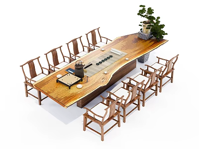 Solid Wood Long Tea Table With Matching Chairs And Tea Set Potted Plant 3d model