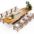 Solid Wood Long Tea Table With Matching Chairs And Tea Set Potted Plant 3d model
