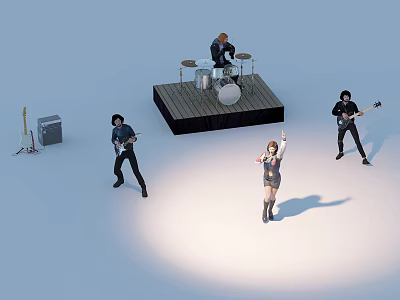 Group of Musicians Performing Live on Stage with Drums Guitar and Singer 3d model