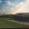 Modern Urban Park Landscape With Curved Walkway Green Lawn White Pavilion And Distant City Skyline
