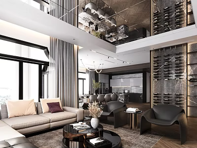 Modern Living And Dining Room Interior With Sofa Chairs Coffee Table Chandelier And Wine Racks 3d model