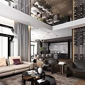 Modern Living And Dining Room Interior With Sofa Chairs Coffee Table Chandelier And Wine Racks