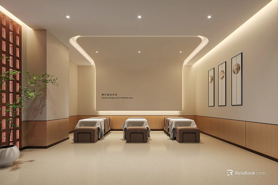 Elegant SPA Sauna Interior With Treatment Beds Wooden Panels Soft Lighting And Decorative Art 3d model 