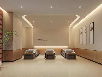 Elegant SPA Sauna Interior With Treatment Beds Wooden Panels Soft Lighting And Decorative Art 3d model