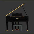 Black Grand Piano With Gold Accents And Wooden Stool Musical Instrument