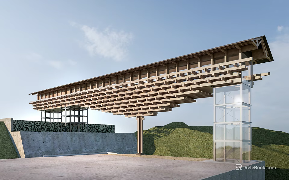 Garden Ornament With Wooden Lattice Roof Glass Structure Grass Stone Wall Greenery And Paved Ground 3d model 