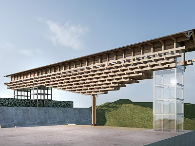 Garden Ornament With Wooden Lattice Roof Glass Structure Grass Stone Wall Greenery And Paved Ground 3d model