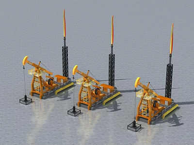 Three Orange Oil Pumps With Black Columns And Flames In Industrial Area 3d model