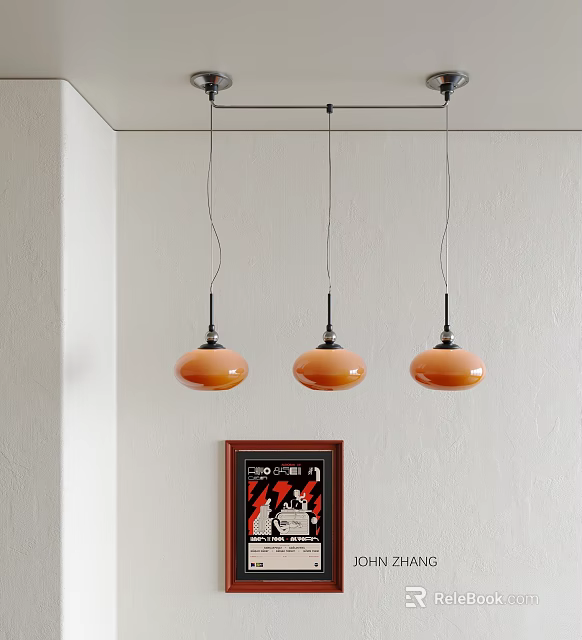 Three Orange Pendant Lights Hanging In Modern Interior With White Wall 3d model
