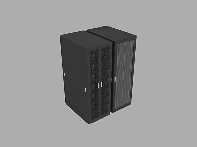 Two Black Computer Server Racks With Ventilation Slots And Door Design 3d model