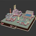 Industrial Factory Building Complex With Red White Chimneys And Pipes