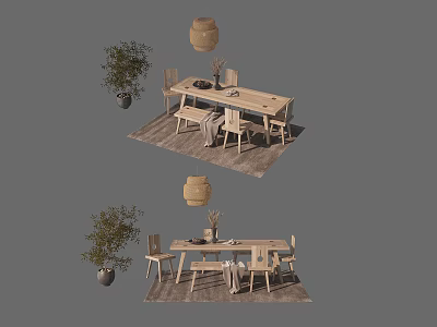 Wooden Dining Table Set with Chairs Pendant Light and Potted Plant on Carpet 3d model