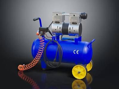 Portable Air Compressor With Blue Tank Yellow Wheels And Orange Hose 3d model