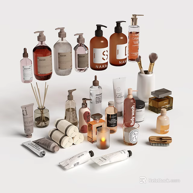Elegant Assorted Perfume Cosmetics Display With Fragrance Bottles Body Creams Makeup Brushes And Scented Candles 3d model 