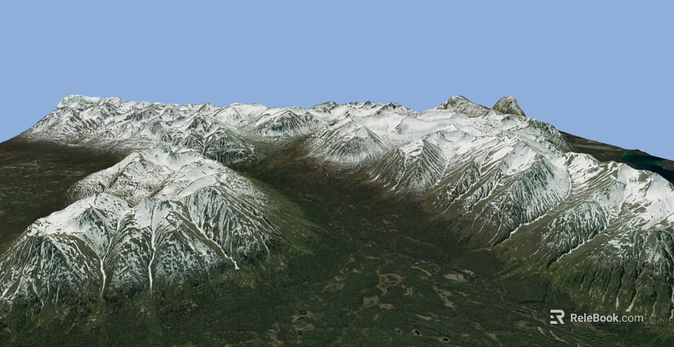Mountainous Terrain With Snow Covered Peaks And Green Forested Valleys 3d model 