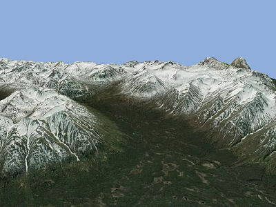 Mountainous Terrain With Snow Covered Peaks And Green Forested Valleys 3d model