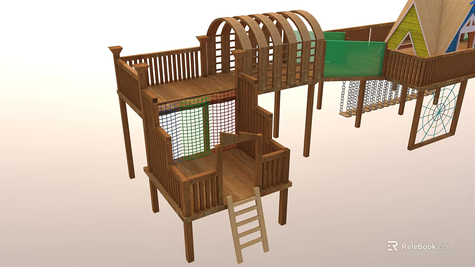 Wooden Playground Equipment With Arched Roof Elevated Platforms Ladder Netting And Green Area 3d model 